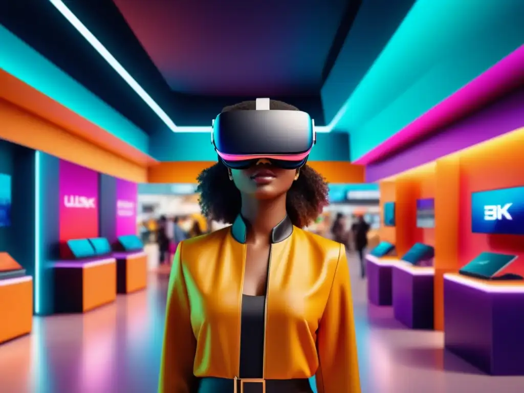 Beneficios realidad virtual compras: experiencia inmersiva y futurista con modernos auriculares VR en entorno de compra digital vibrante y cautivador