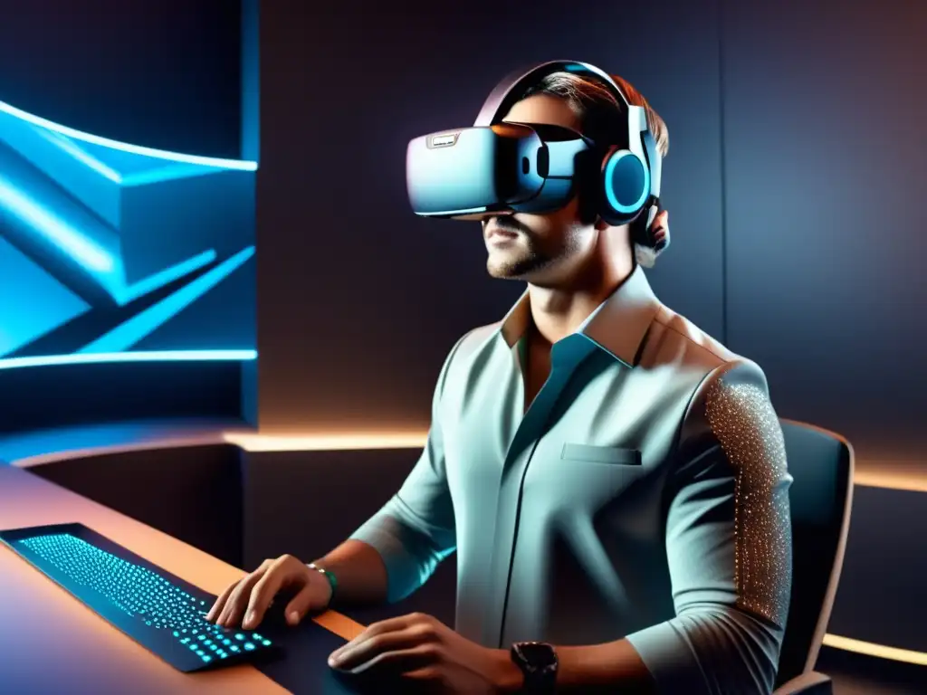 Beneficios moda masculina realidad virtual: diseñador inmerso en entorno virtual con prendas flotantes y tecnología vanguardista