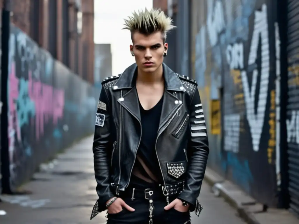 Tendencias moda masculina estilo punk: modelo masculino en adaptación moderna de moda punk, con fondo urbano, graffiti, luces tenues y atuendo rebelde