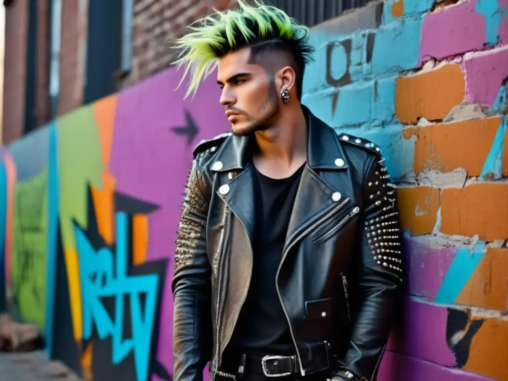 Moda masculina estilo punk: modelo rebelde con ropa punk, fondo graffiti, tatuajes, pelo de colores y actitud desafiante