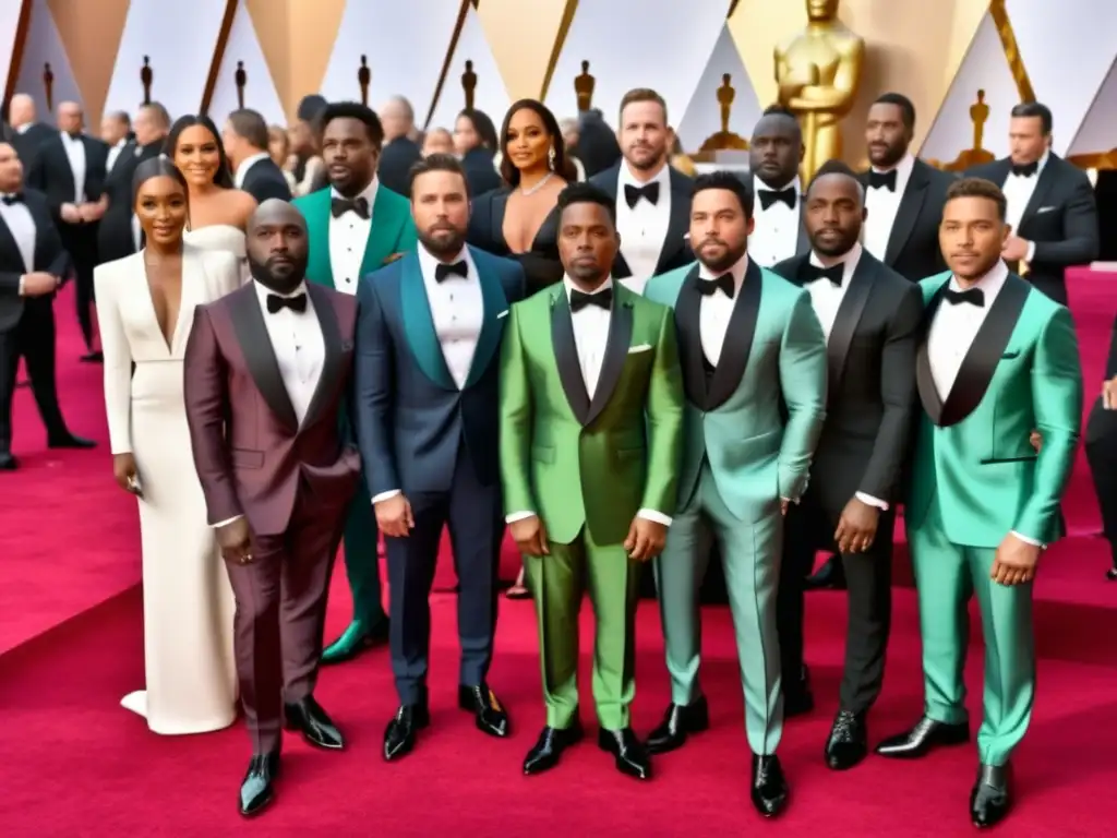 Tendencias moda masculina premios academia - Hombres elegantes en la alfombra roja de los Oscars, luciendo trajes a medida y accesorios de moda