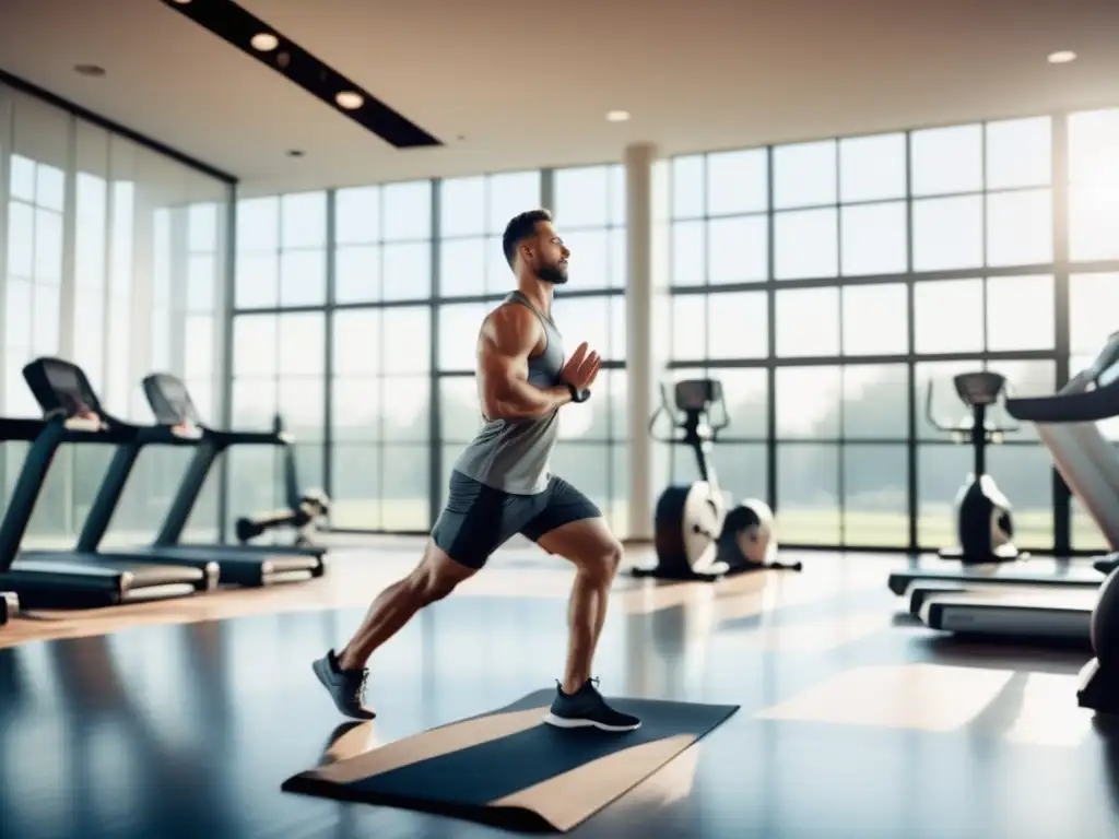 Técnicas de relajación masculina y ejercicio en un gimnasio moderno con luz natural