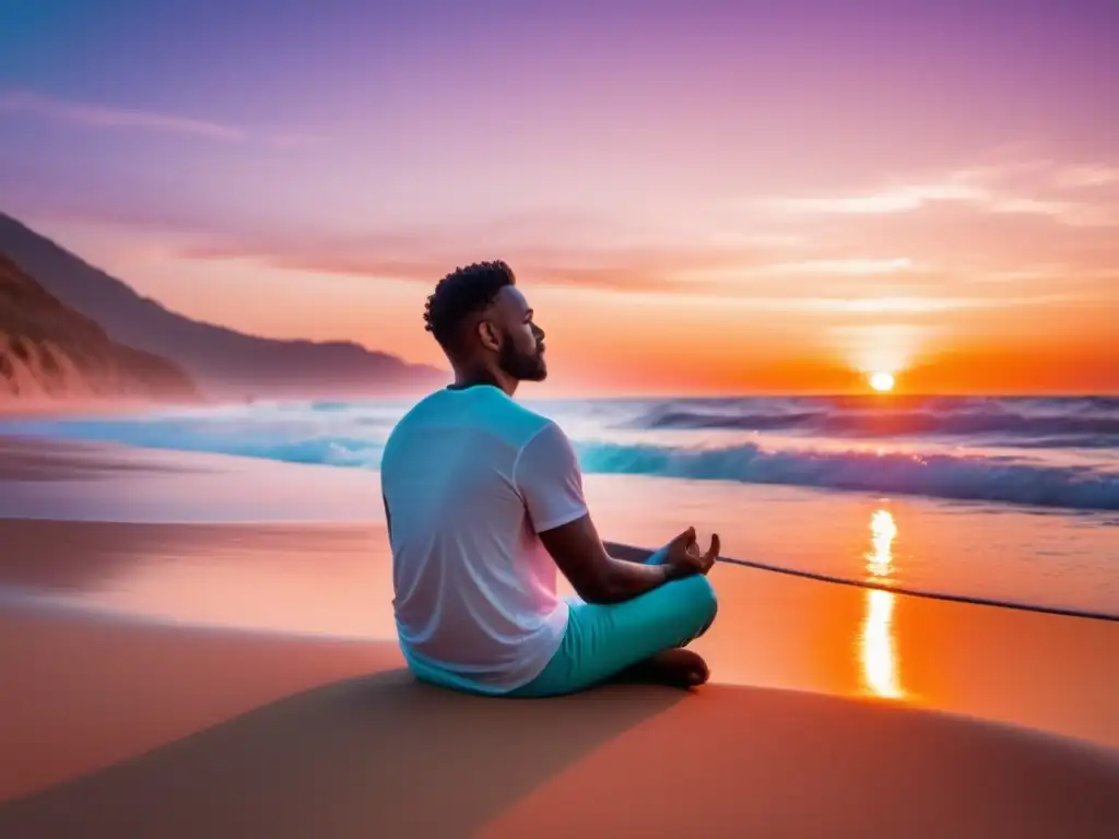 Hombre relajado en la playa al atardecer - Técnicas de relajación masculina diaria