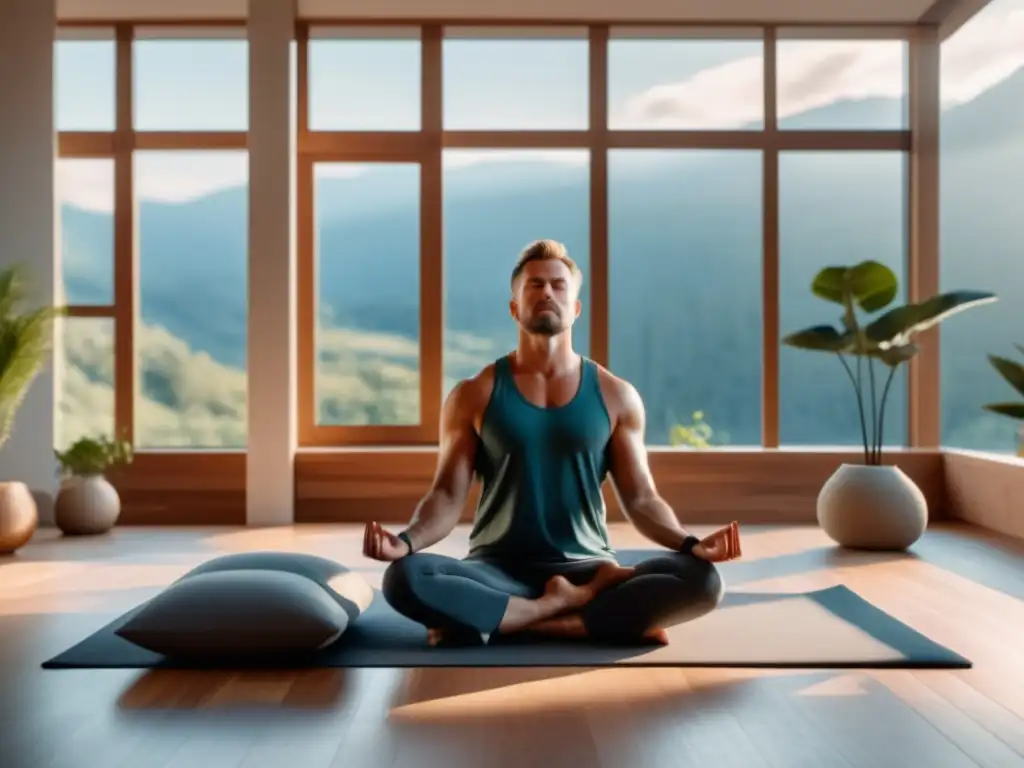 Técnicas de relajación masculina y ejercicio en moderno entorno de meditación