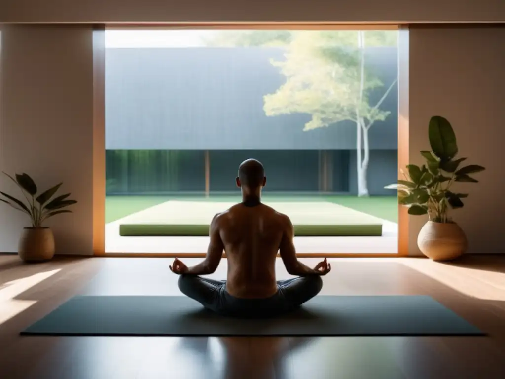 Técnicas de relajación masculina diaria: Hombre en meditación serena y minimalista en una habitación luminosa con vista a un paisaje natural tranquilo