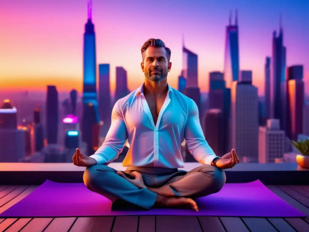 Técnicas antiestrés para hombres modernos - Imagen urbana al atardecer con hombre relajado practicando yoga o meditando en la ciudad