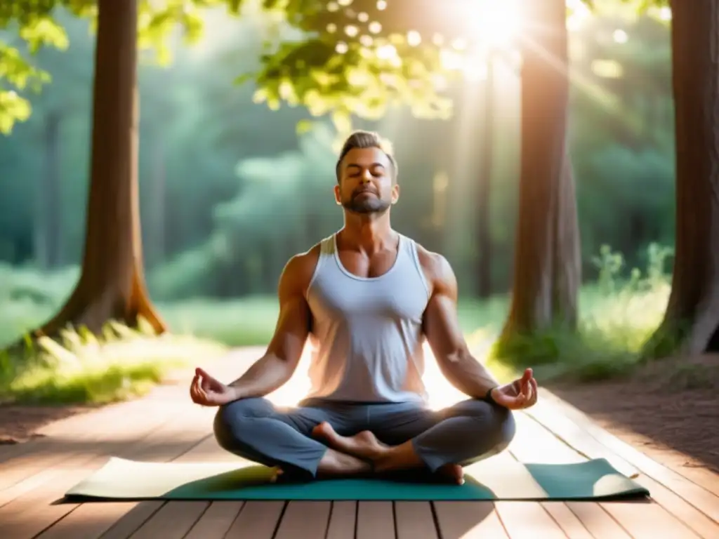 Hombre relajado practicando yoga en la naturaleza, consejos relajación hombres trabajo estrés