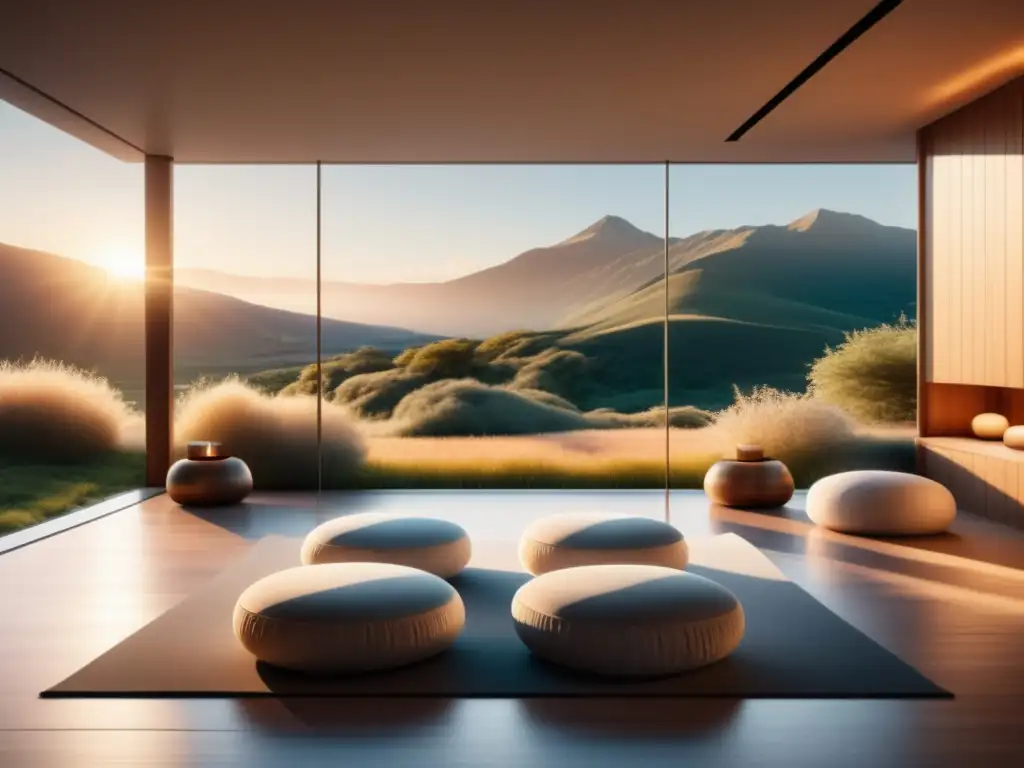 Sala de meditación minimalista con vista panorámica y decoración contemporánea