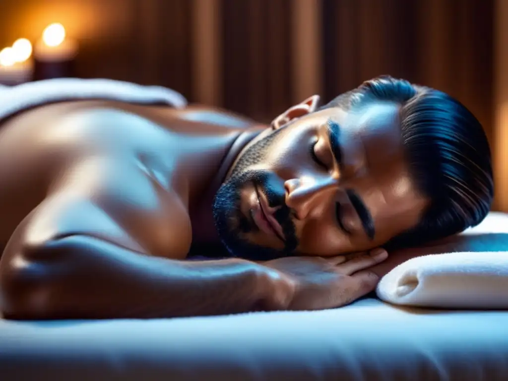 Consejos relajación hombres: Masaje facial profesional en spa, ambiente tranquilo y productos especializados