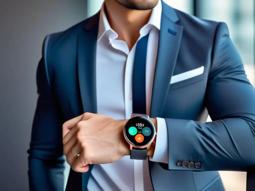 Beneficios moda inteligente masculina: smartwatch moderno para hombres elegantes en un ambiente profesional