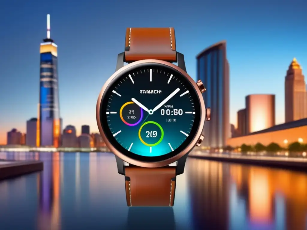 Wearables para hombres con estilo: Smartwatch moderno y elegante en una ciudad vibrante