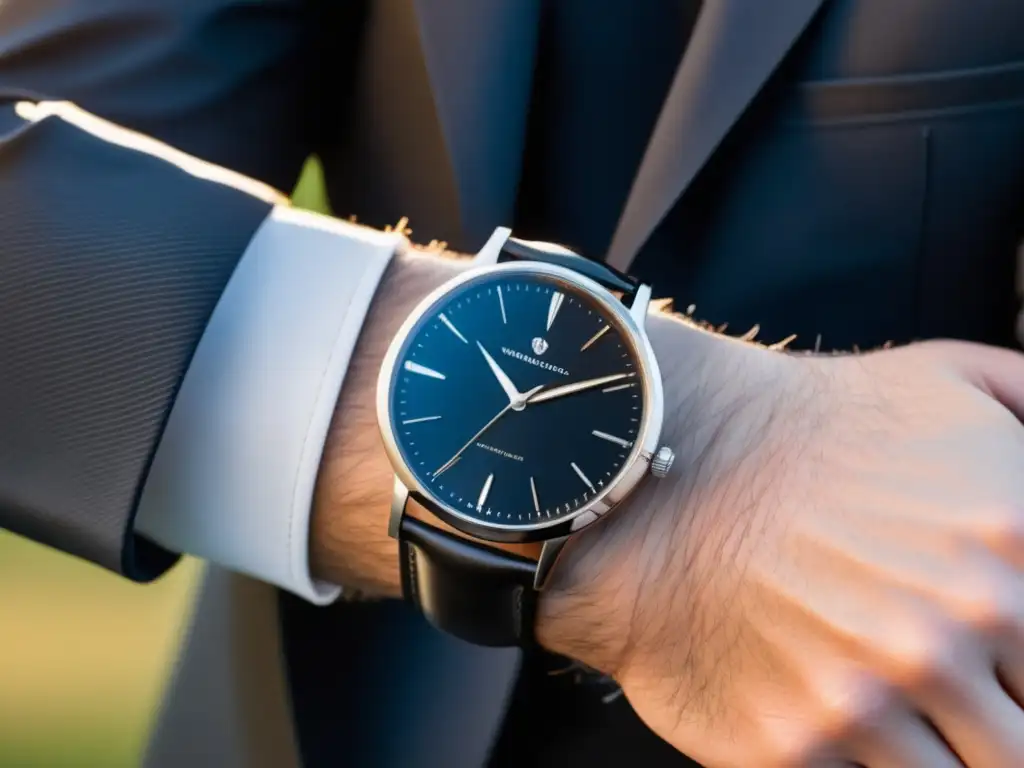 Accesorios masculinos atemporales para moda: mano de hombre con reloj moderno