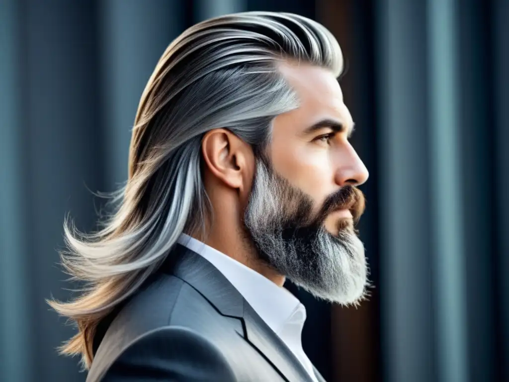 Un hombre elegante con pelo largo y barba bien cuidada, mostrando su cabello plateado y cortado en capas