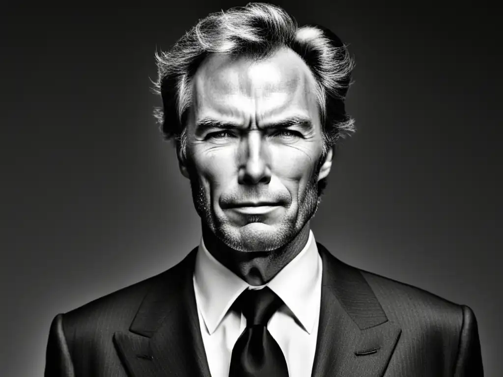 Clint Eastwood, actor icónico, elegante y seguro de sí mismo, capturado en un retrato en blanco y negro