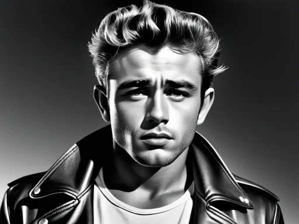 Retrato en blanco y negro de James Dean, icónico ícono de estilo y rebeldía