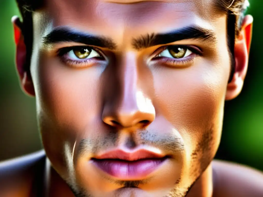 Fotografía masculina para resaltar belleza: closeup de modelo con rostro perfecto, rasgos definidos y piel impecable, destacando su encanto natural