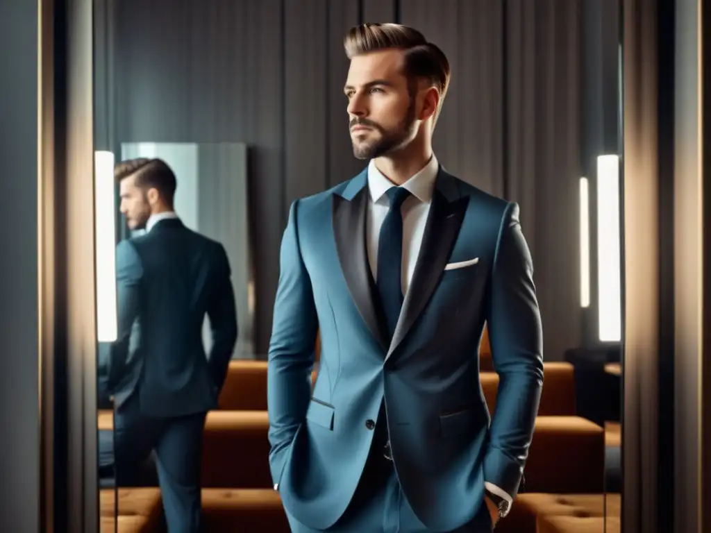 Guía estilo masculino en fotos: Hombre elegante frente a espejo, impecable y sofisticado