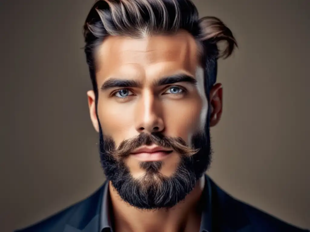 Fotografía de hombre moderno con rasgos faciales definidos, barba y peinado impecables, ojos penetrantes y mandíbula marcada