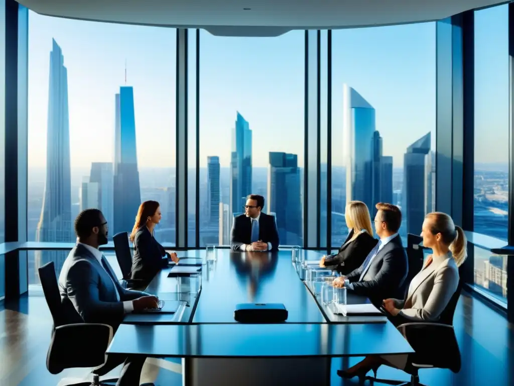 Reunión de negocios en sala moderna con profesionales, potenciando liderazgo a través de la vestimenta