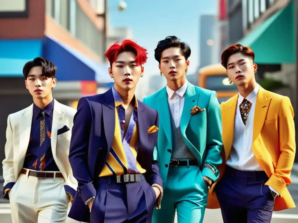 Tendencias de moda masculina influenciadas por el KPop en vibrante imagen urbana de hombres con estilos únicos y audaces