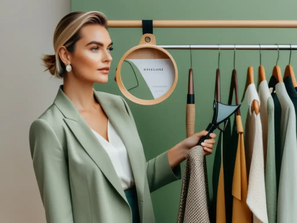 Mujer elegante en tienda de moda sostenible, simbolizando la participación en la revolución de la moda sostenible