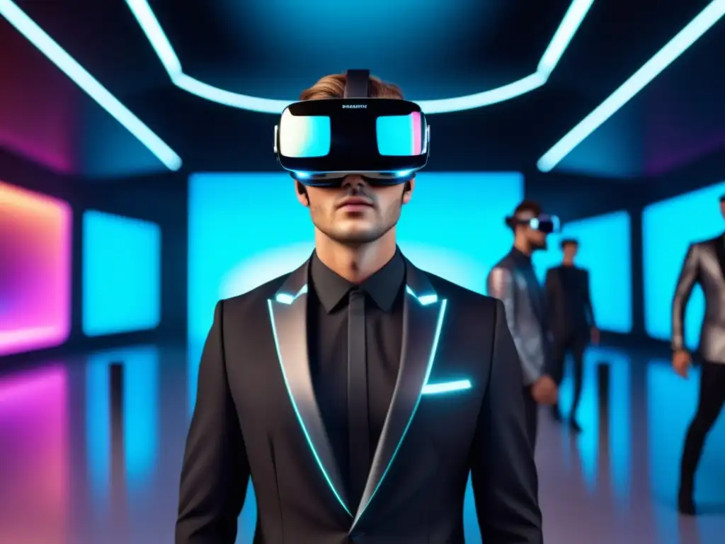 Moda masculina y realidad virtual: Modelo viste traje negro, inmerso en entorno VR futurista con diseños holográficos vanguardistas