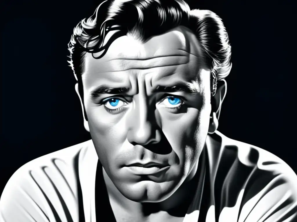 Estilo seductor Richard Burton, retrato en blanco y negro de alta resolución con expresión enigmática y elegancia atemporal