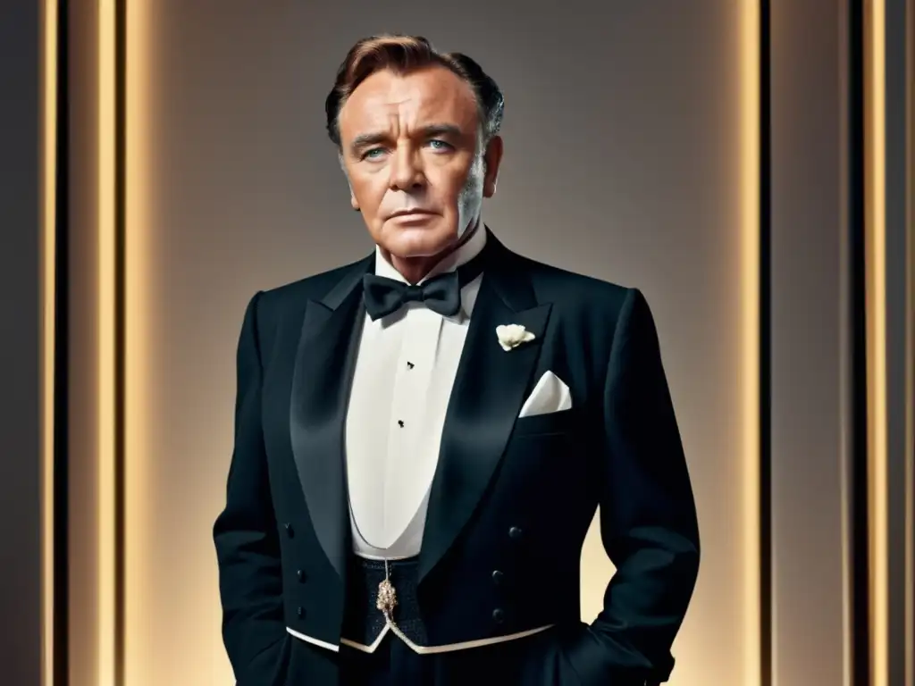 Estilo seductor Richard Burton, imagen en 8k con traje negro, camisa blanca, corbata negra y accesorios vintage