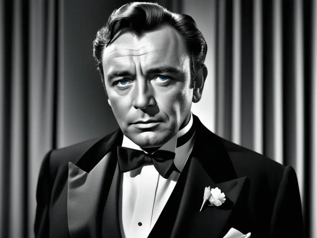 Retrato en blanco y negro de Richard Burton, icono del cine clásico, con estilo seductor y elegancia