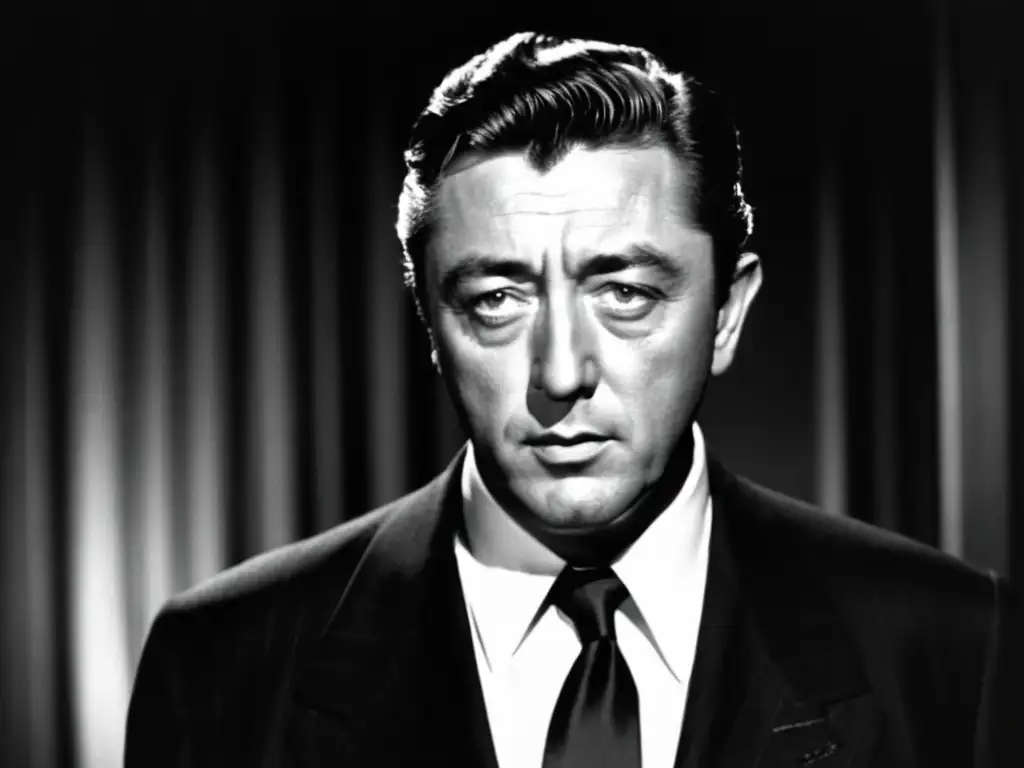 Estilo inconfundible Robert Mitchum en imagen clásica en blanco y negro