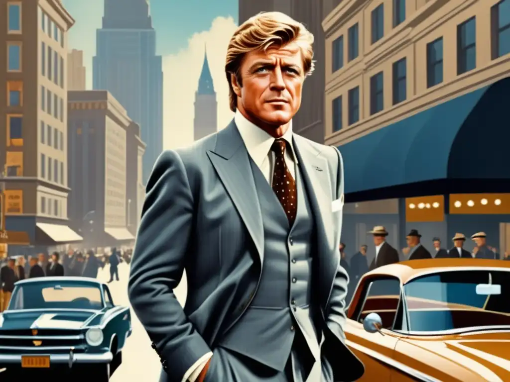 Estilo rebelde Robert Redford moda en una imagen icónica de su película clásica, con vibrantes colores y una composición sofisticada