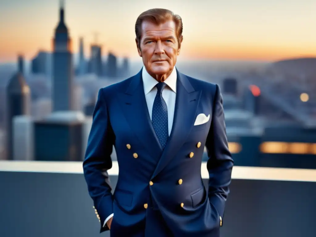 Tendencias moda masculina Roger Moore, traje azul impecable, elegancia y sofisticación, ciudad al atardecer, detalle y seducción