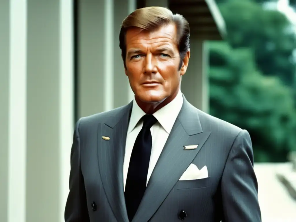 Tendencias moda masculina Roger Moore en traje gris, elegante y sofisticado, con camisa blanca, corbata negra y detalles de lujo