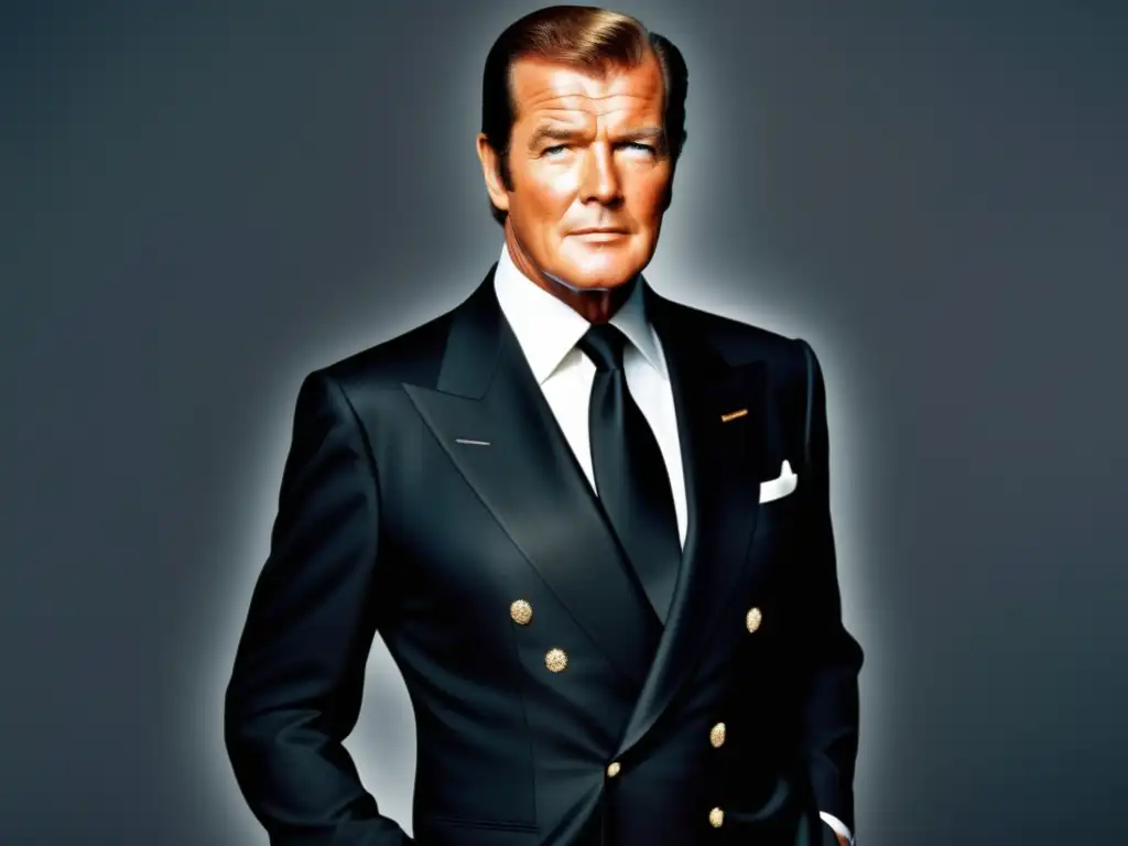 Tendencias moda masculina Roger Moore en traje negro elegante y sofisticado -