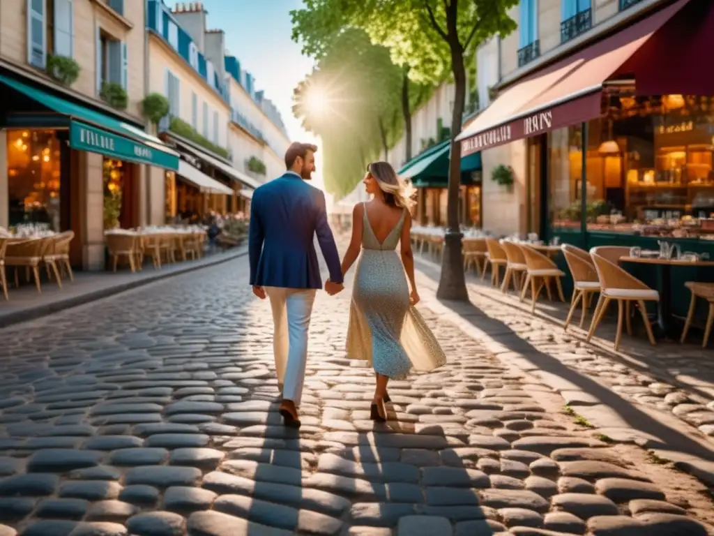 Pareja paseando por París junto a la Torre Eiffel Pareja caminando por París, cafés y boutiques encantadoras, Eiffel Tower de fondo
