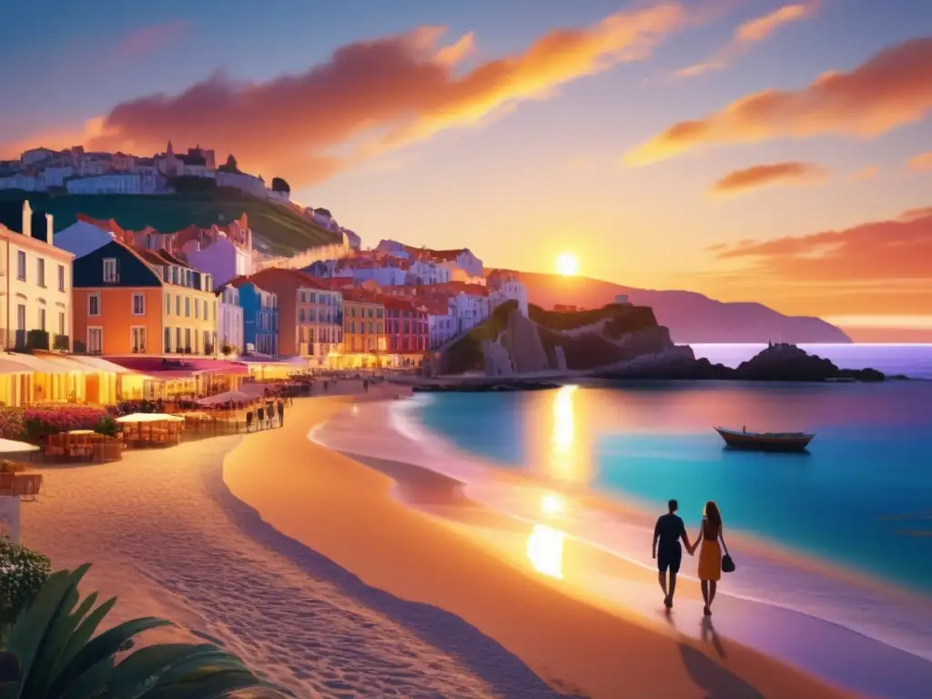Atardecer romántico en encantador pueblo costero Consejos viajar estilo destinos románticos: Pareja disfruta de atardecer en pintoresco pueblo costero con encantadores cafés y alojamiento acogedor