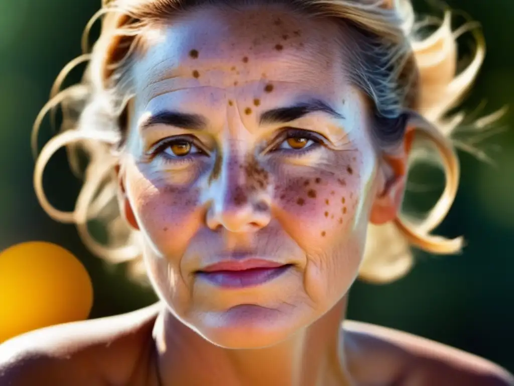 Tratamientos caseros para eliminar manchas en la piel - Mujer con manchas solares y edad, piel arrugada y descolorida por exposición solar