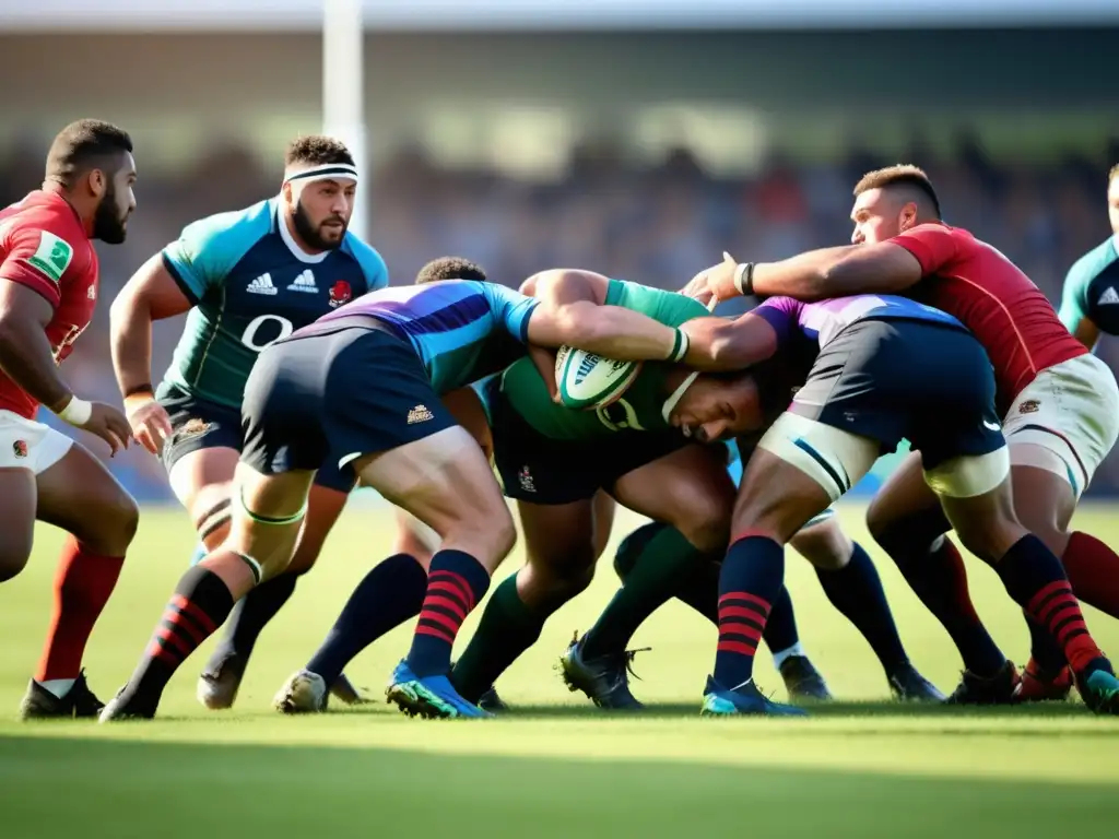 Ropa deportiva atractiva para rugby masculino: jugadores musculosos y determinados en un intenso partido en un campo soleado