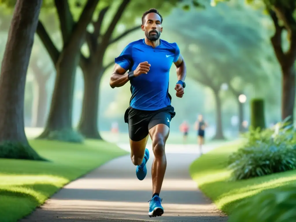 Hombre corredor en un parque verde, promoviendo beneficios del running para hombres