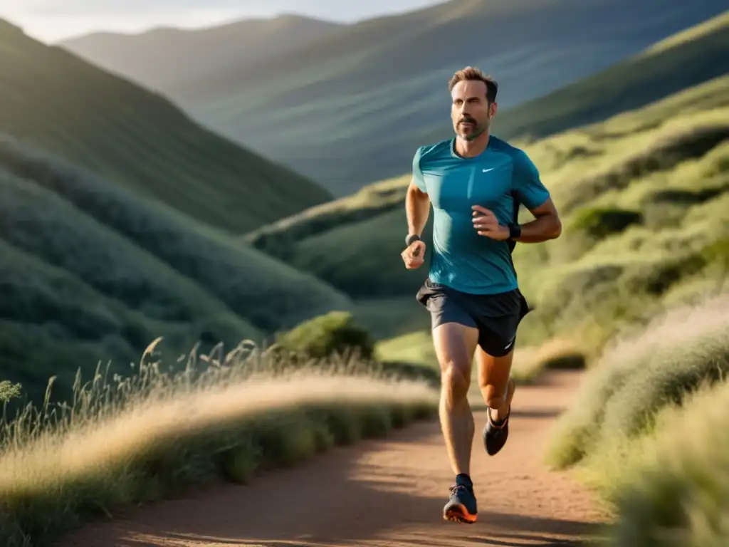 Corredor hombre en forma, expresión determinada, recorriendo sendero escénico