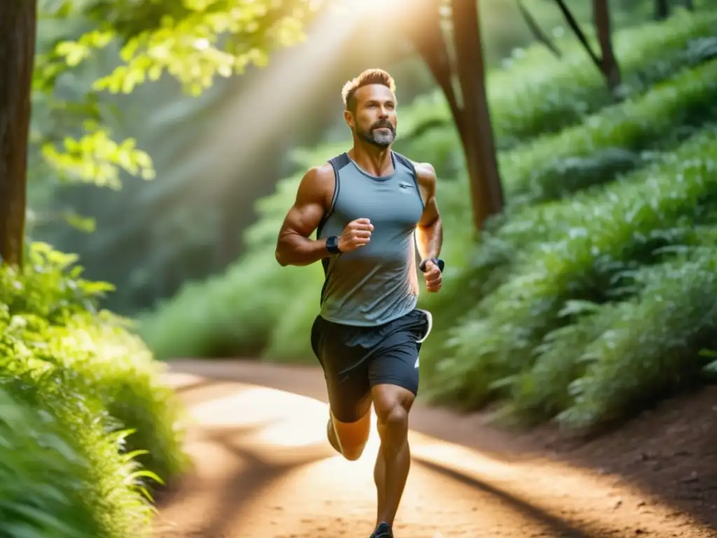 Ejercicio para mejorar bienestar masculino: hombre en forma corriendo en escenario natural