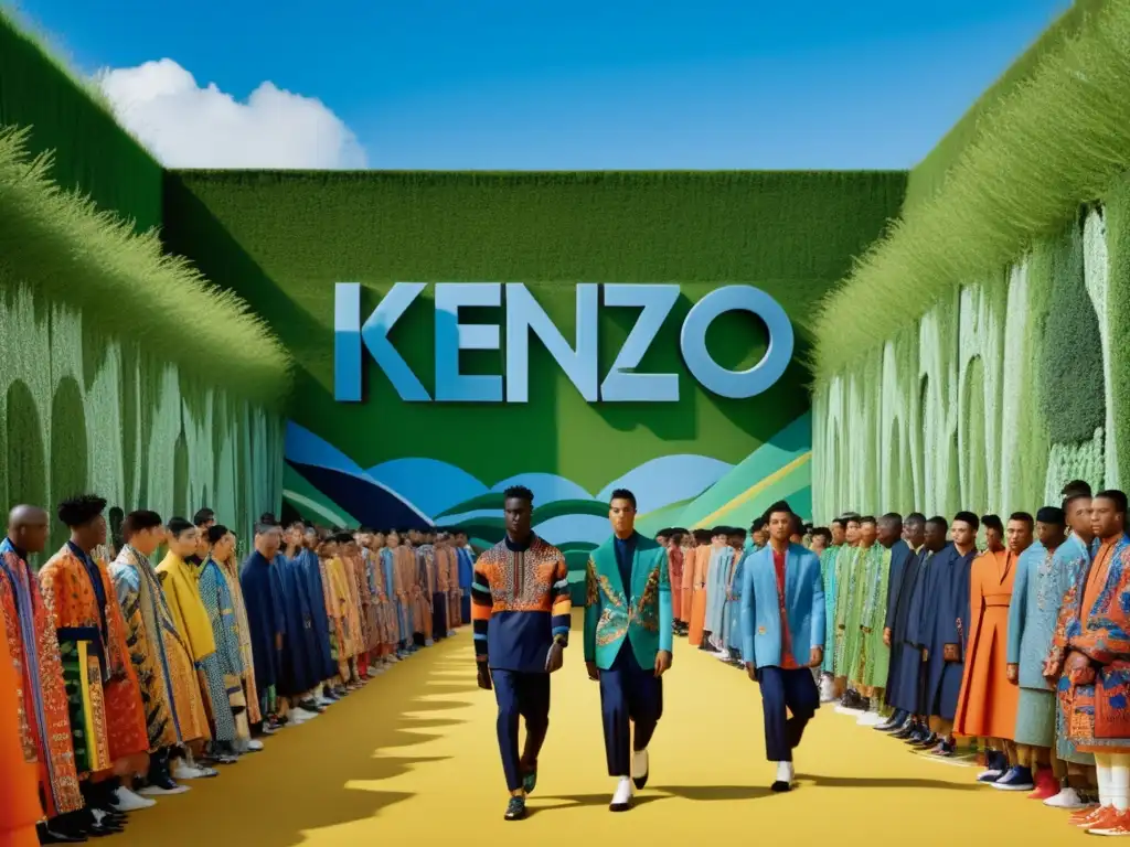 Tendencias moda masculina fusión culturas: desfile Kenzo vibrante con modelos y diseño innovador