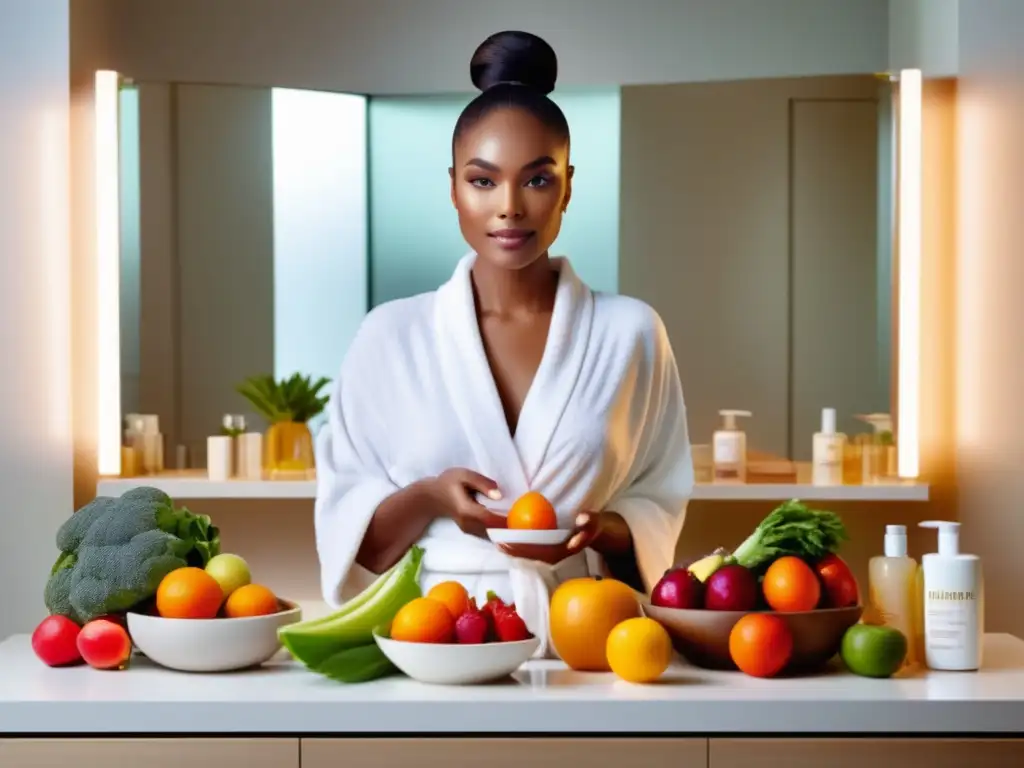 Mujer con piel perfecta frente a un tocador iluminado con productos de cuidado de la piel, sosteniendo una fuente de frutas y verduras coloridas