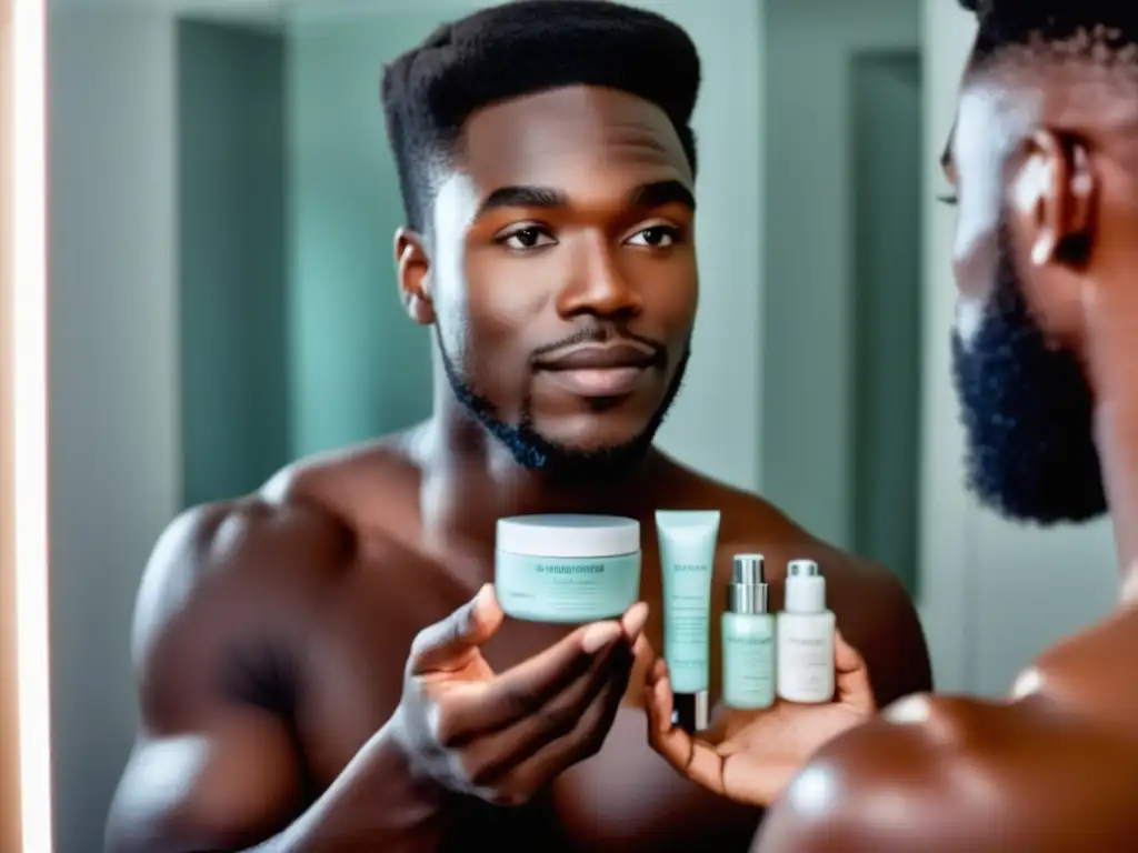 Un hombre frente al espejo del baño, con productos para el cuidado de la piel en las manos