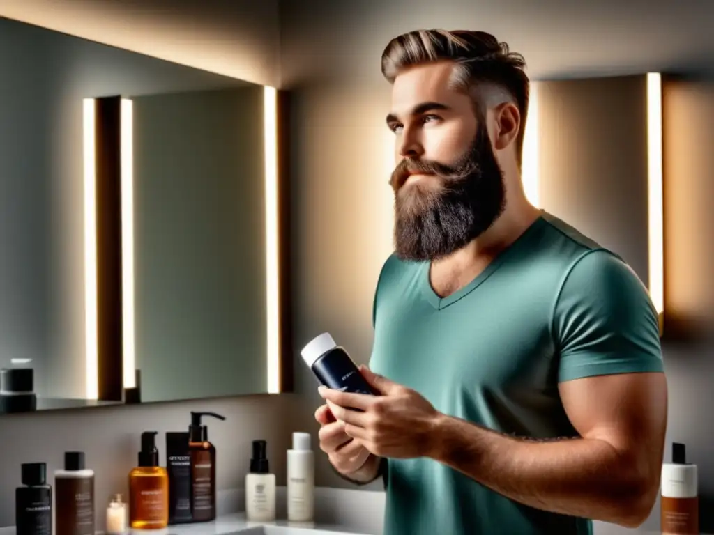 Consejos para una barba y piel saludable, hombre frente al espejo del baño con productos de cuidado personal