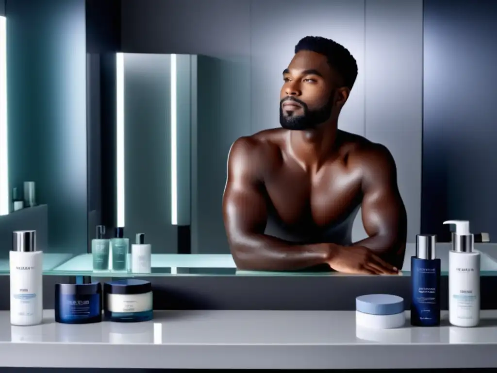 Rutina de cuidado facial masculina: hombre con piel impecable y productos de cuidado en el baño