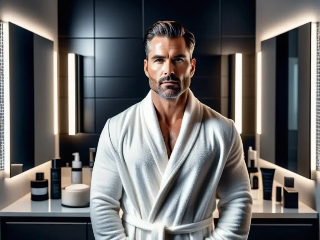 Rutina nocturna cuidado piel hombre, modelo masculino de 30s en baño elegante siguiendo rutina con productos skincare