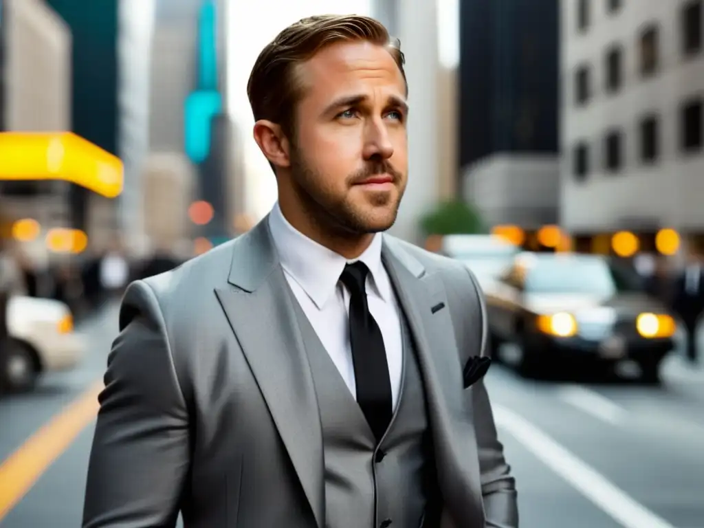 Tendencias moda masculina Ryan Gosling en ciudad moderna