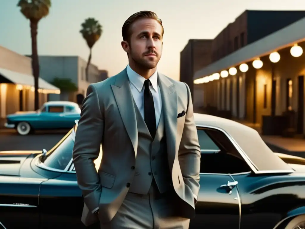 Estilo minimalista Ryan Gosling en película Drive, traje negro, camisa blanca, corbata negra, junto a auto vintage en escenario urbano