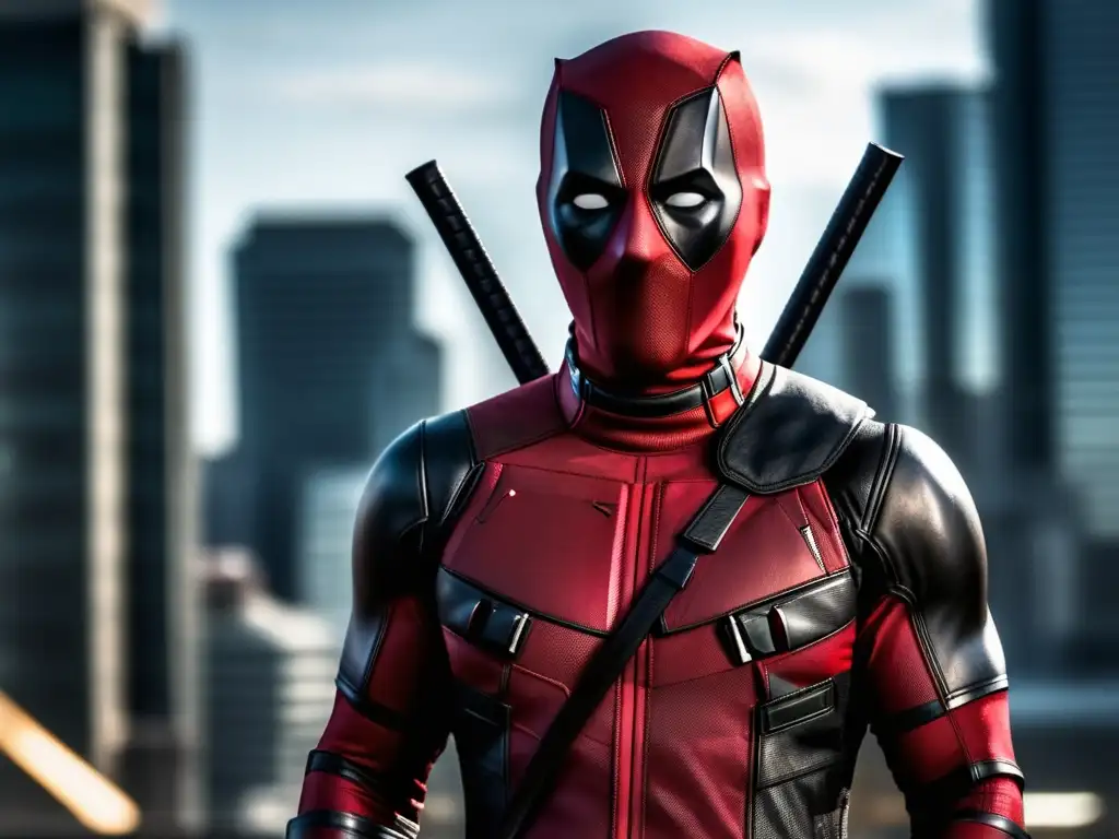 Imagen de Ryan Reynolds como Deadpool, con traje rojo y negro, en un entorno urbano moderno y grafitis